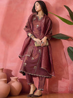 Maroon Embroidered Kurta Set with Jacquard Dupatta – Festive Ethnic Wear