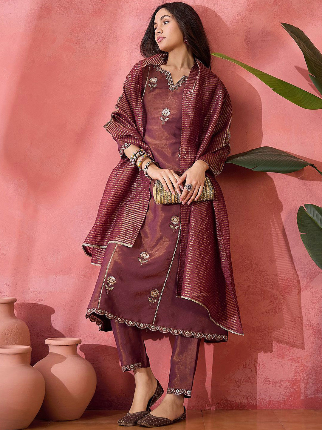 Maroon Embroidered Kurta Set with Jacquard Dupatta – Festive Ethnic Wear