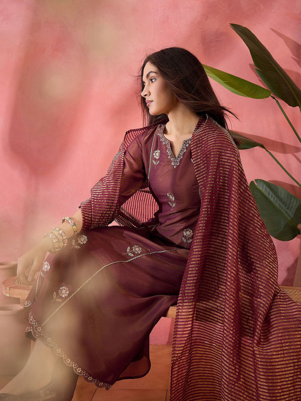 Maroon Embroidered Kurta Set with Jacquard Dupatta – Festive Ethnic Wear