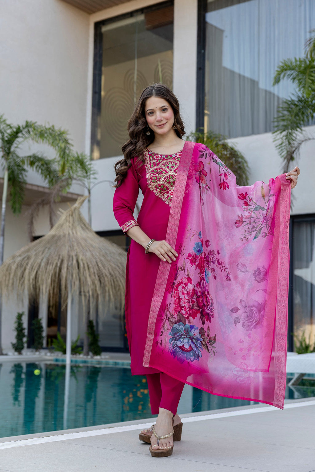 Magenta Kurta Set with Floral Dupatta – Festive Salwar Suit for Women
