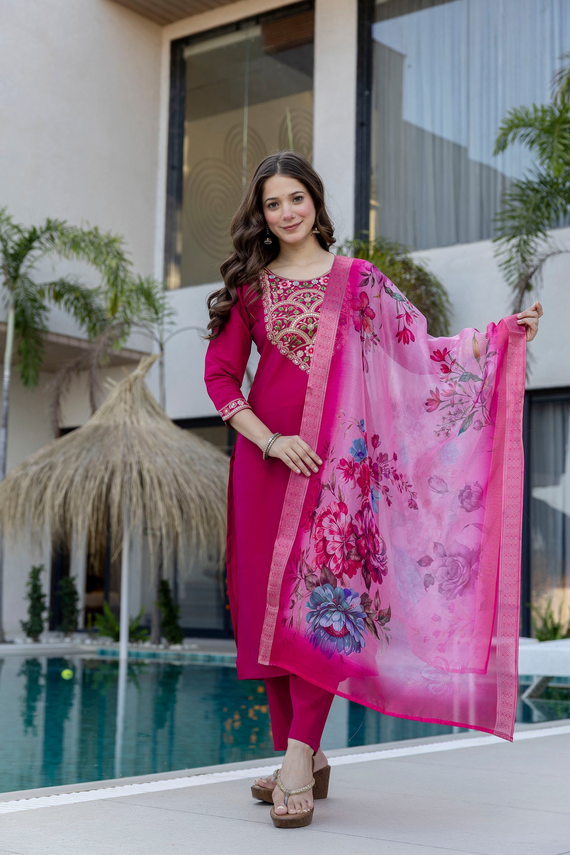 Magenta Kurta Set with Floral Dupatta – Festive Salwar Suit for Women