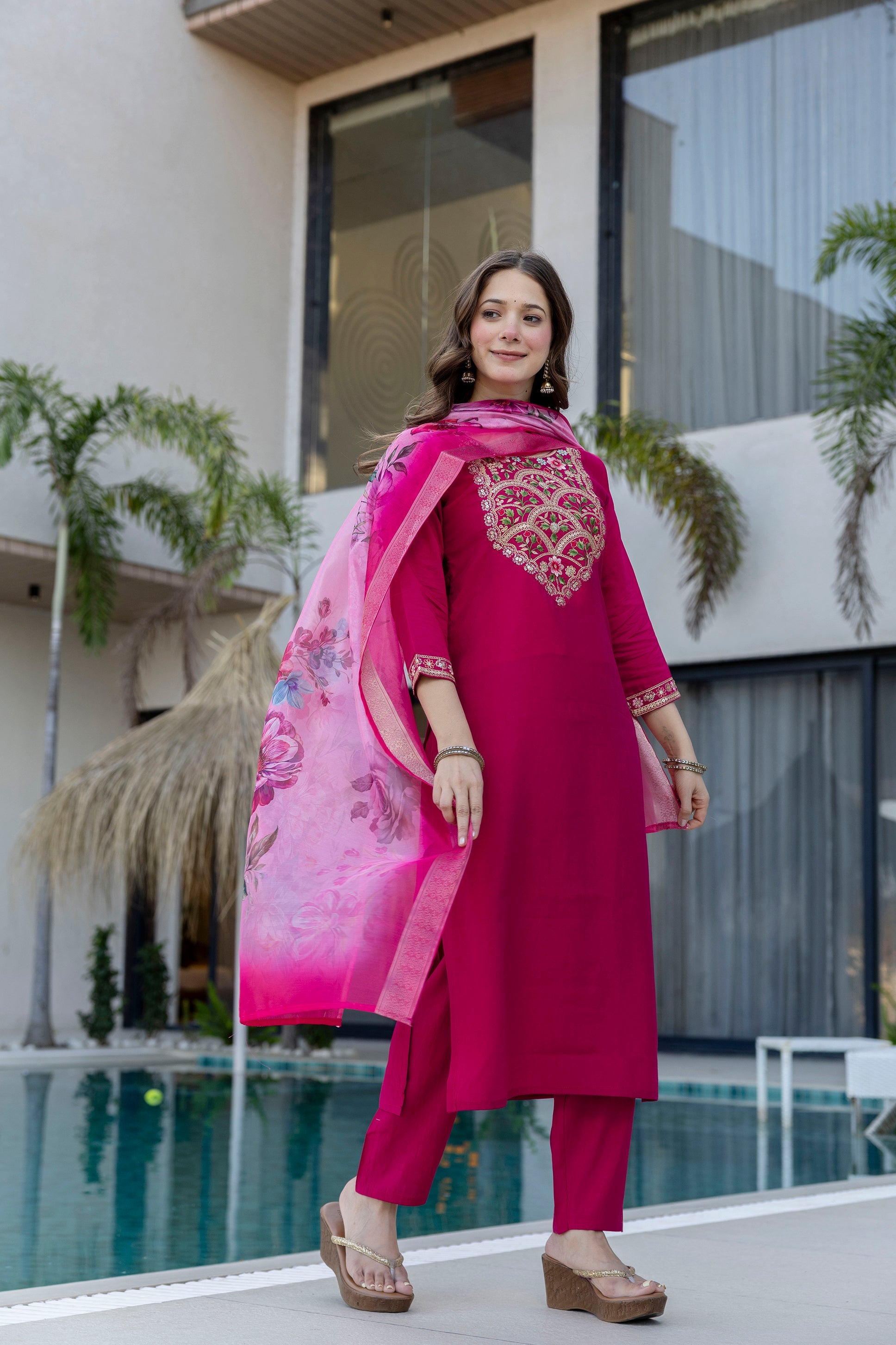 Magenta Kurta Set with Floral Dupatta – Festive Salwar Suit for Women