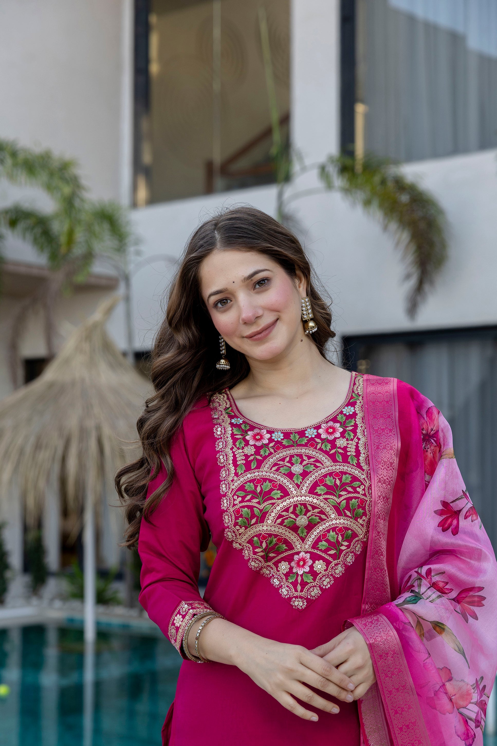 Magenta Kurta Set with Floral Dupatta – Festive Salwar Suit for Women