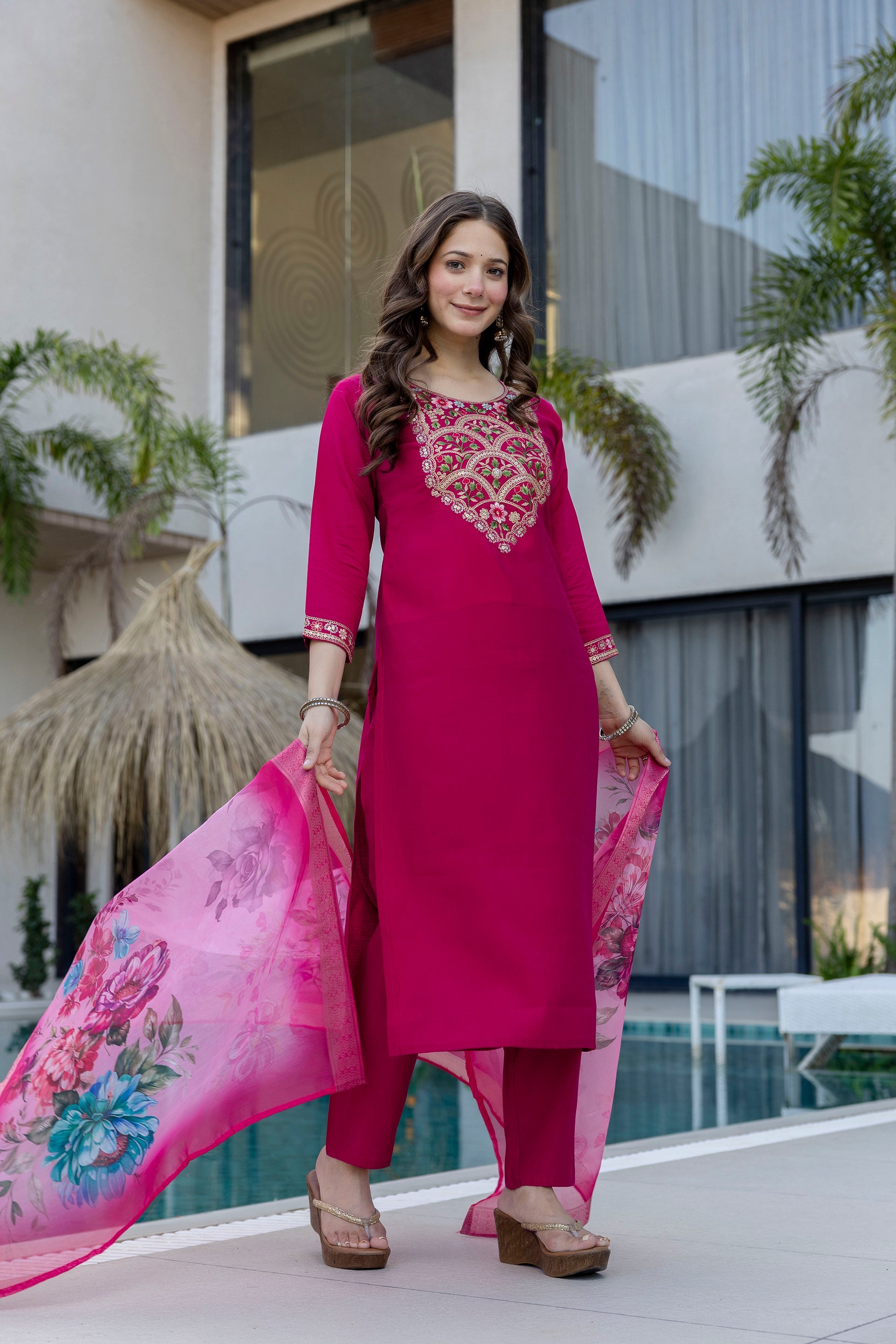 Magenta Kurta Set with Floral Dupatta – Festive Salwar Suit for Women