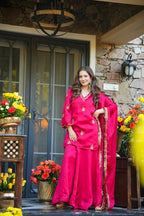 Hot Pink Silk Kurta Set with Gold Embroidery & Dupatta – Festive Ethnic Wear