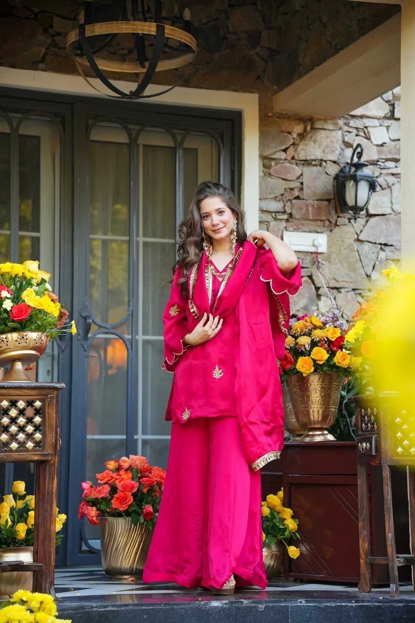 Hot Pink Silk Kurta Set with Gold Embroidery & Dupatta – Festive Ethnic Wear