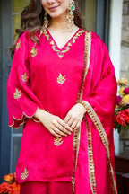 Hot Pink Silk Kurta Set with Gold Embroidery & Dupatta – Festive Ethnic Wear