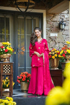 Hot Pink Silk Kurta Set with Gold Embroidery & Dupatta – Festive Ethnic Wear