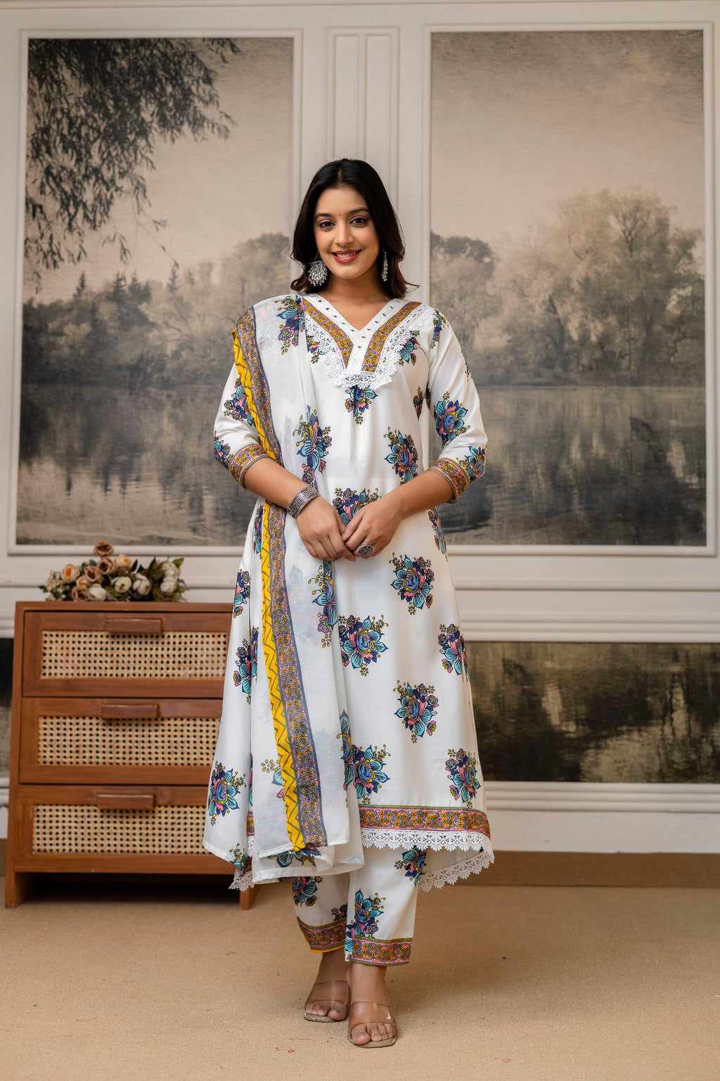 White Floral Printed Cotton Kurti Set with Dupatta – Casual & Festive Wear