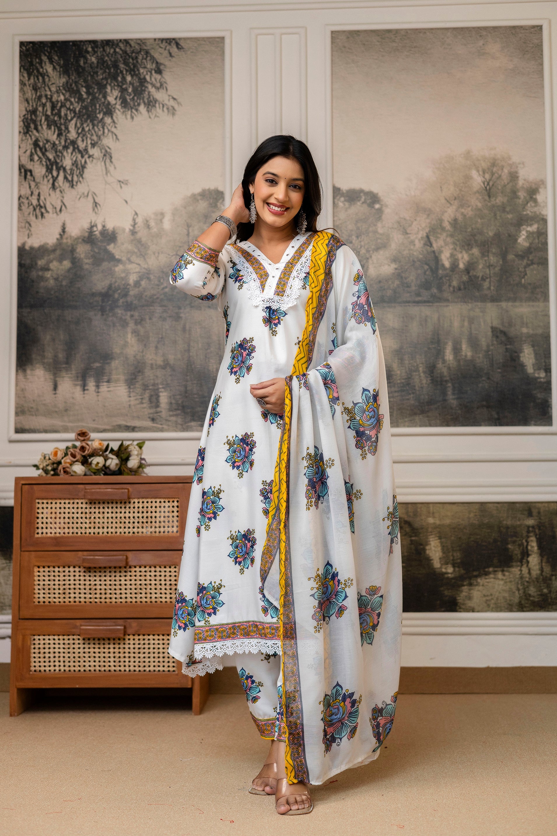 White Floral Printed Cotton Kurti Set with Dupatta – Casual & Festive Wear