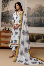 White Floral Printed Cotton Kurti Set with Dupatta – Casual & Festive Wear