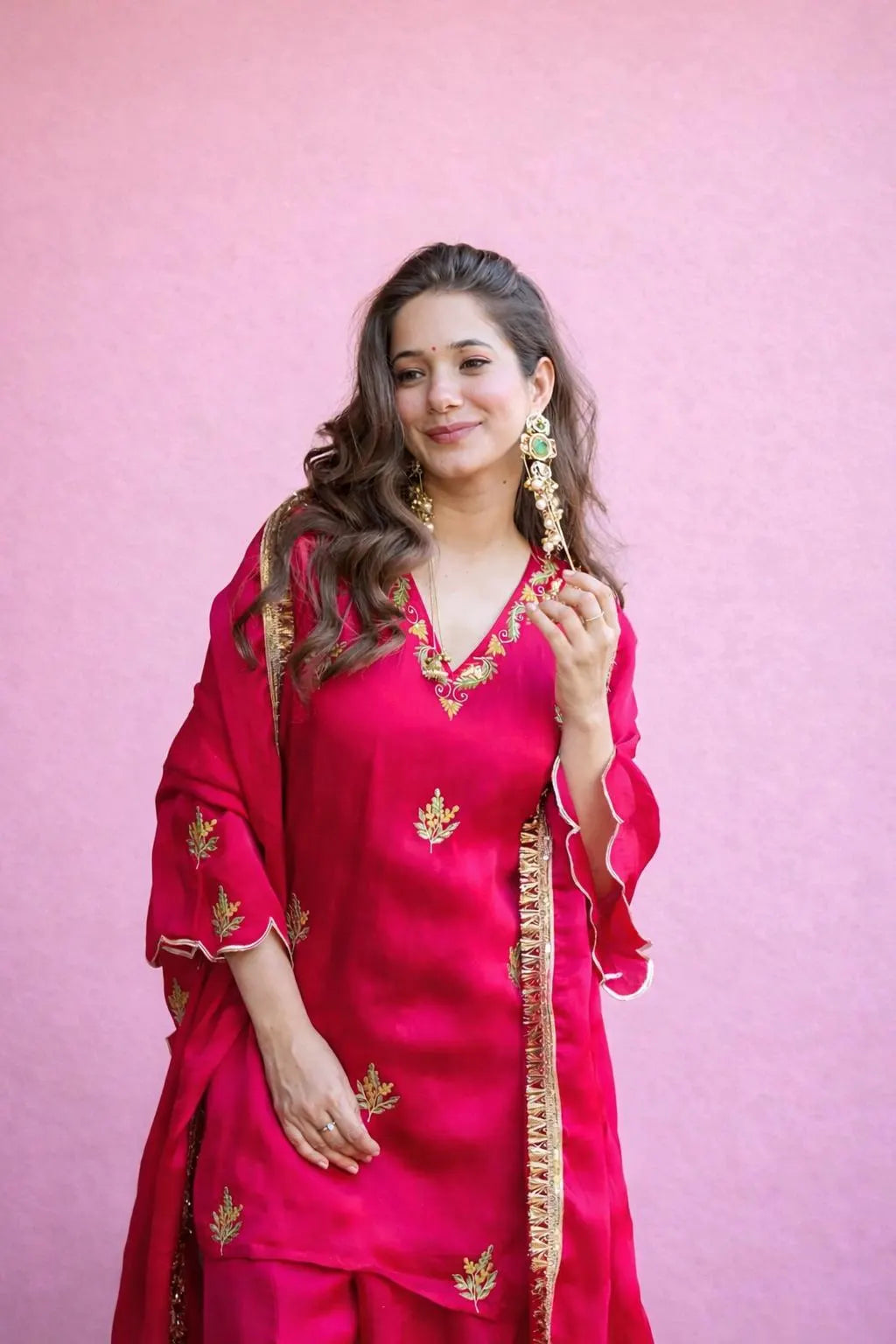 Hot Pink Silk Kurta Set with Gold Embroidery & Dupatta – Festive Ethnic Wear