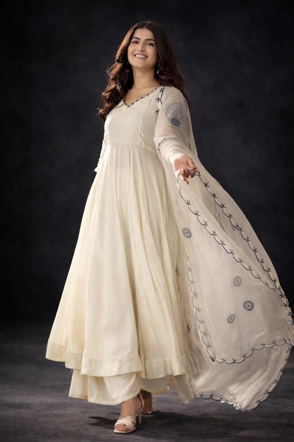 Ivory Anarkali Suit Set with Dupatta – Wedding Guest & Festive Outfit