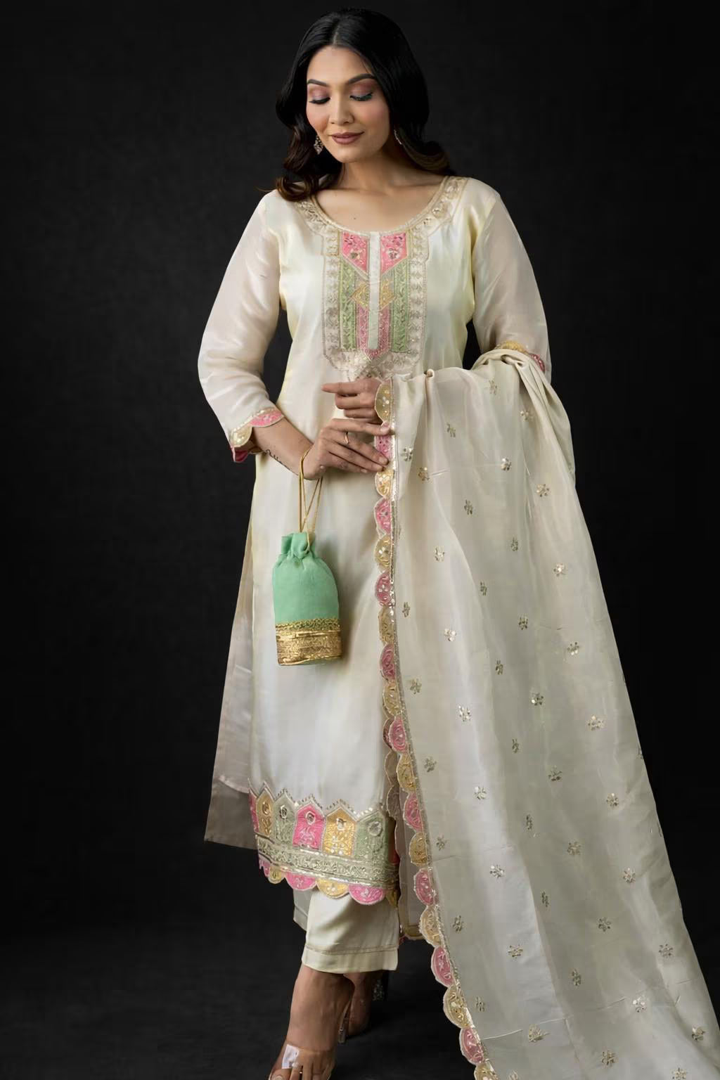 Viscose Chanderi Kurta Set with Dupatta – Embroidered Wedding Guest Outfit for Women