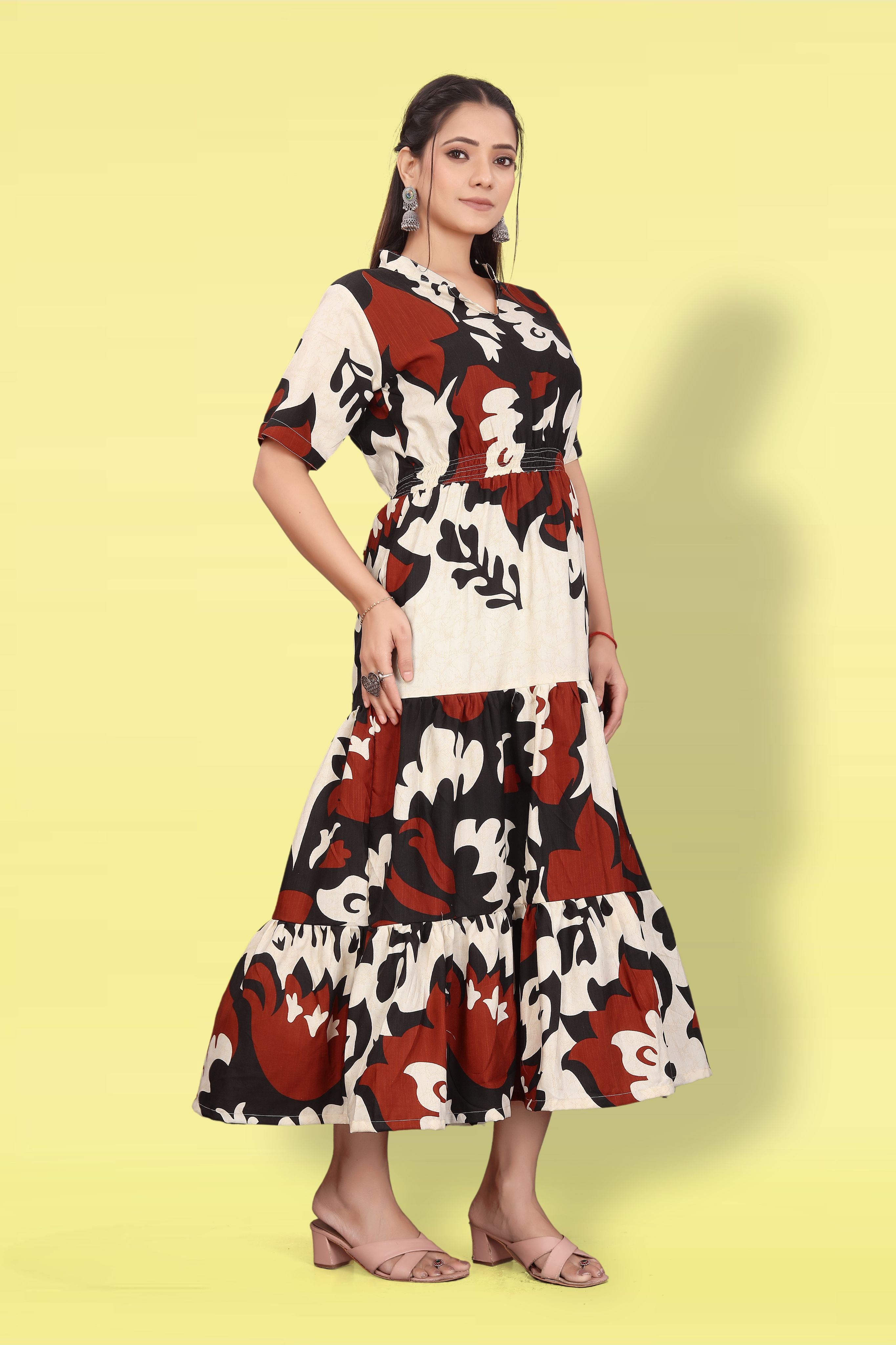 Women Printed Flared Maxi Dress | Stylish Casual & Party Wear Long Dress
