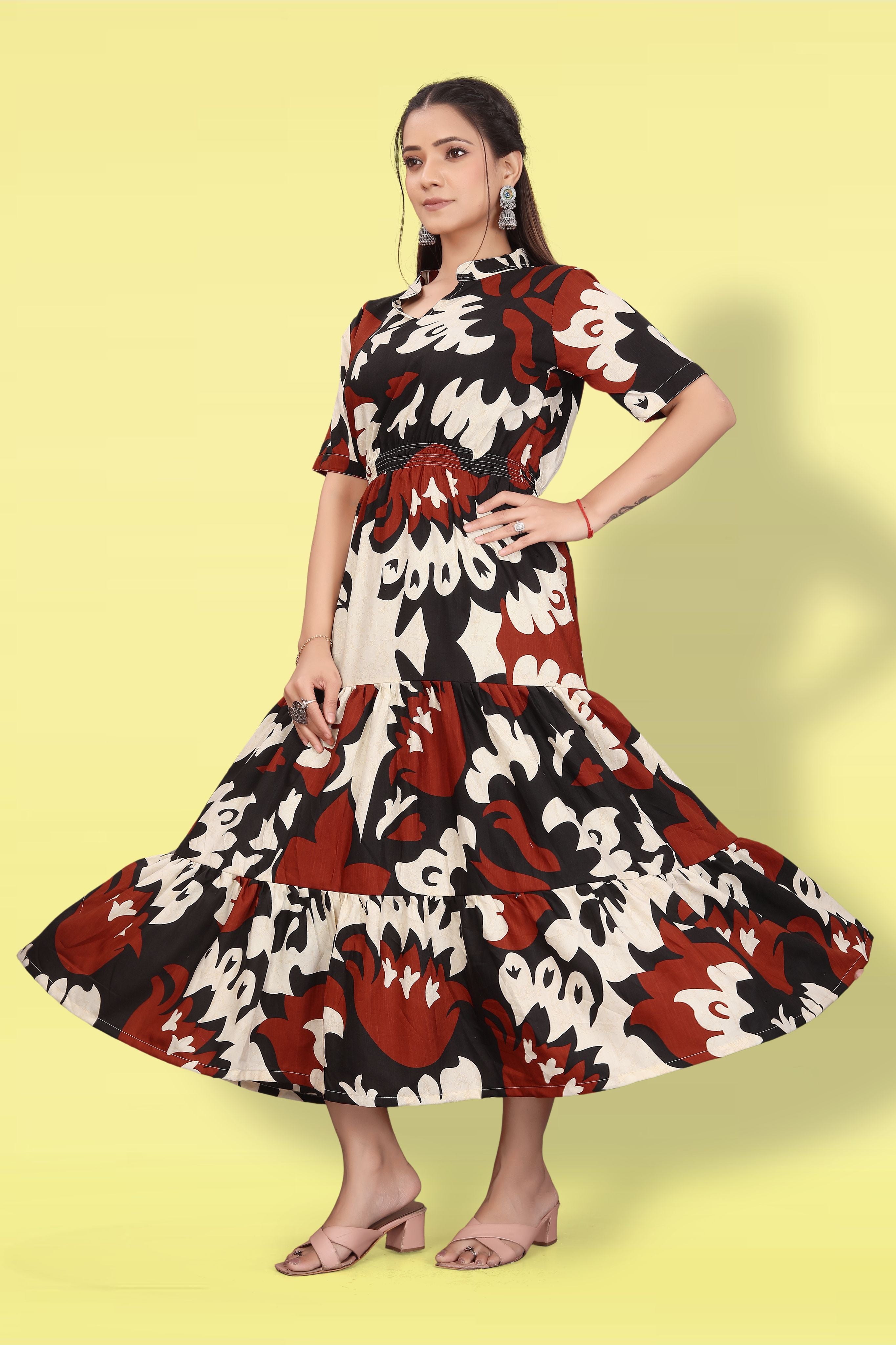 Women Printed Flared Maxi Dress | Stylish Casual & Party Wear Long Dress