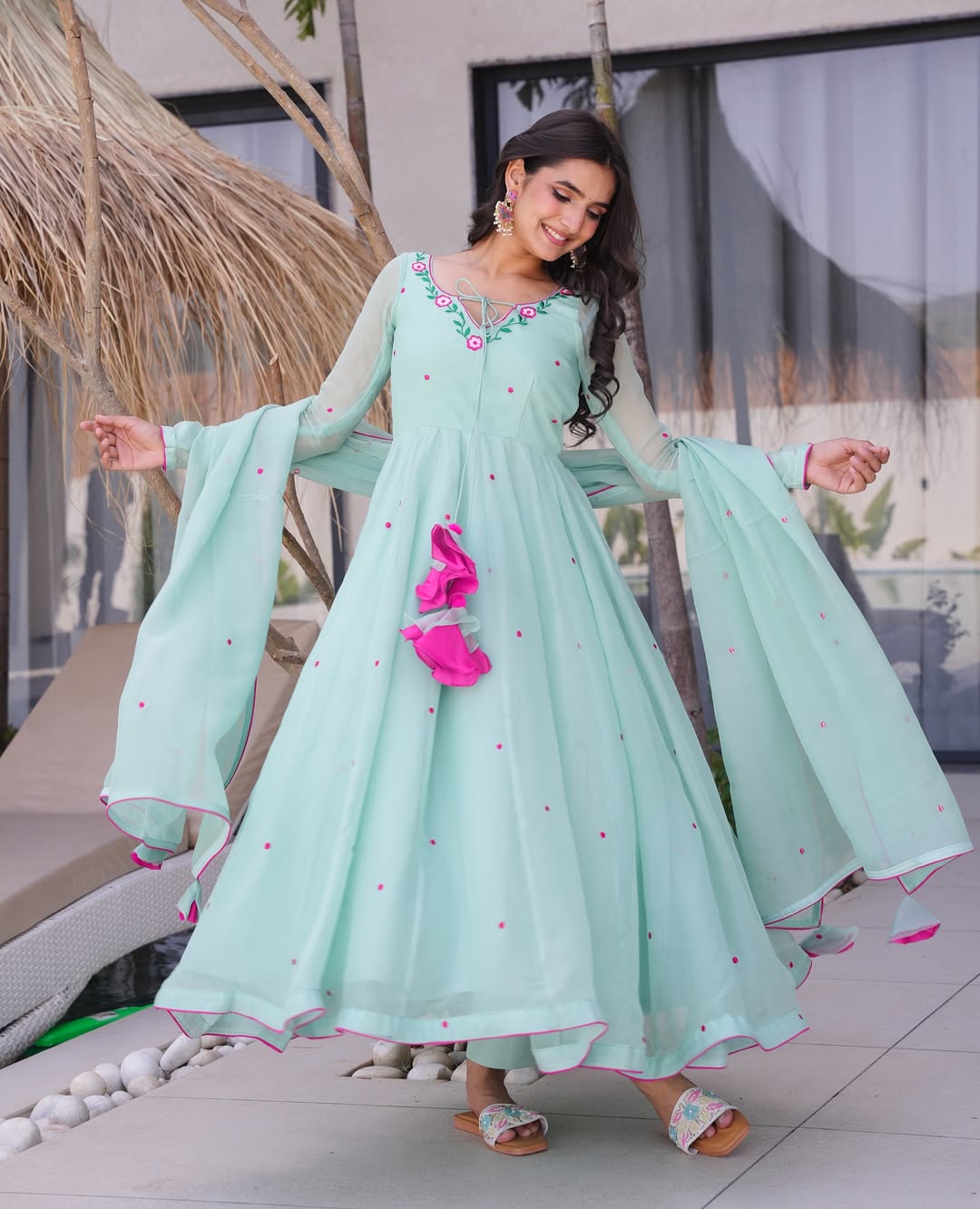 Mint Green Embroidered Georgette Anarkali Suit – Party & Festive Wear