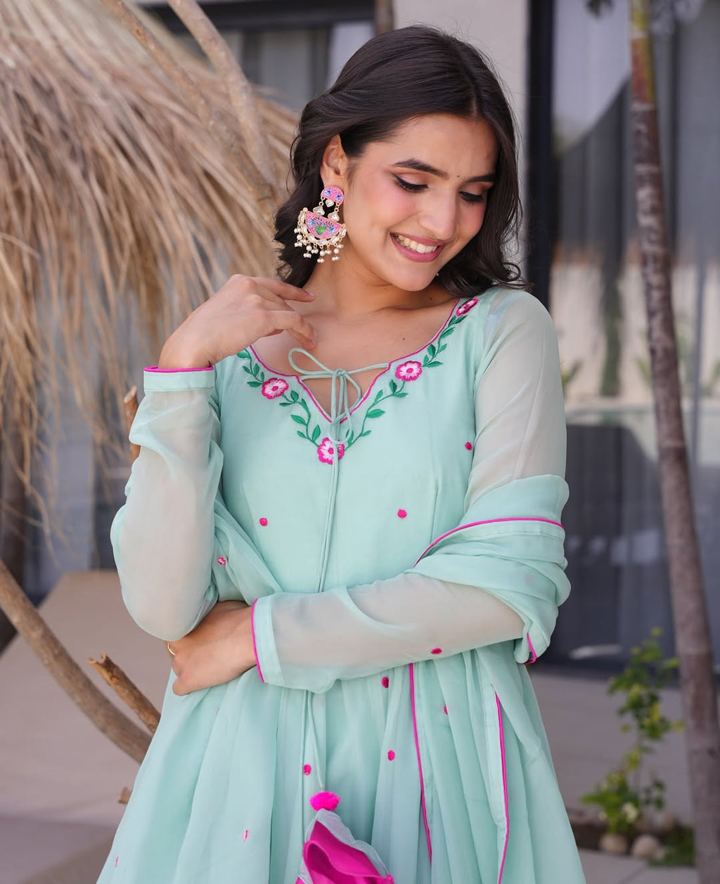 Mint Green Embroidered Georgette Anarkali Suit – Party & Festive Wear