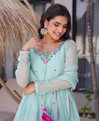 Mint Green Embroidered Georgette Anarkali Suit – Party & Festive Wear