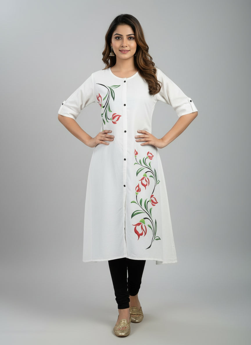 Women’s A-Line Kurti Tunic | Floral Print Ethnic Top with Front Button Design