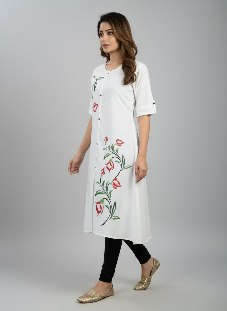 Women’s A-Line Kurti Tunic | Floral Print Ethnic Top with Front Button Design