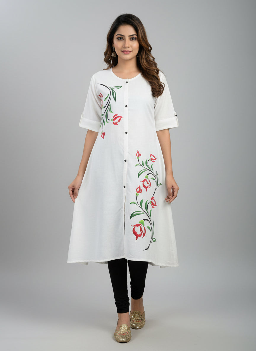 Women’s A-Line Kurti Tunic | Floral Print Ethnic Top with Front Button Design