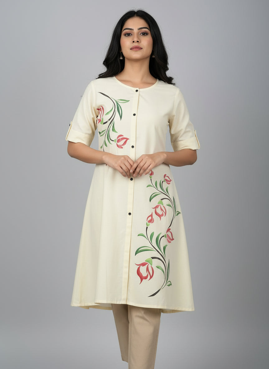 Women’s A-Line Kurti Tunic | Floral Print Ethnic Top with Front Button Design