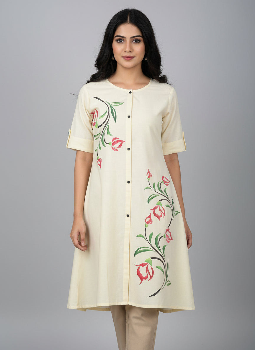 Women’s A-Line Kurti Tunic | Floral Print Ethnic Top with Front Button Design