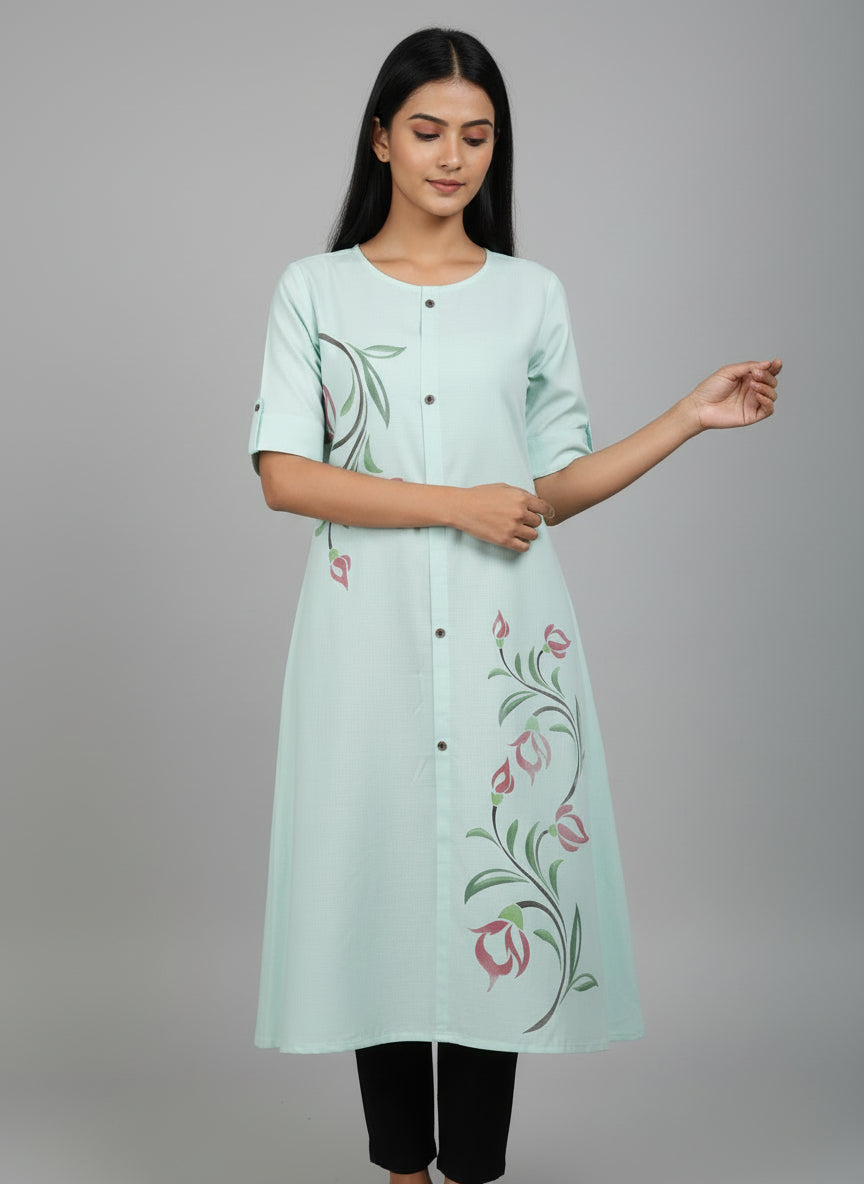 Women’s A-Line Kurti Tunic | Floral Print Ethnic Top with Front Button Design