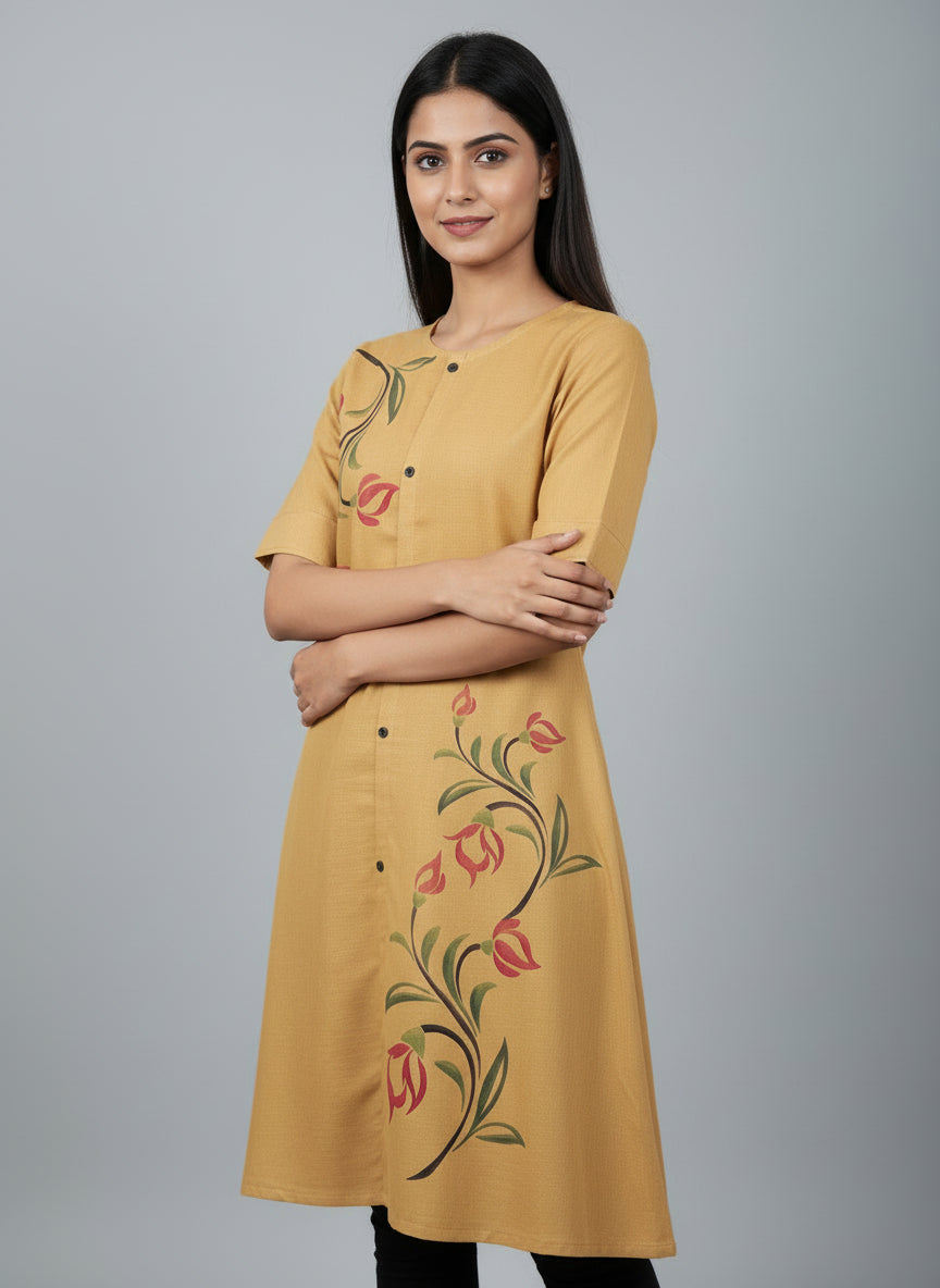 Women’s A-Line Kurti Tunic | Floral Print Ethnic Top with Front Button Design