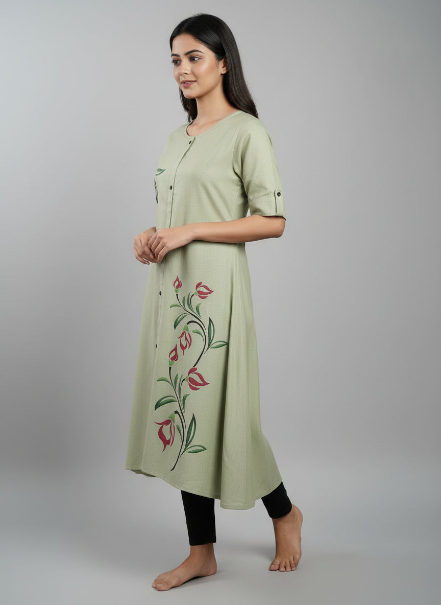 Women’s A-Line Kurti Tunic | Floral Print Ethnic Top with Front Button Design