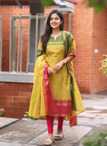 Women's Cotton Silk Dress Material with Green Woven Border & Pink Dupatta | Traditional Ethnic Suit Set