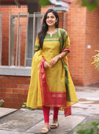 Women's Cotton Silk Dress Material with Green Woven Border & Pink Dupatta | Traditional Ethnic Suit Set