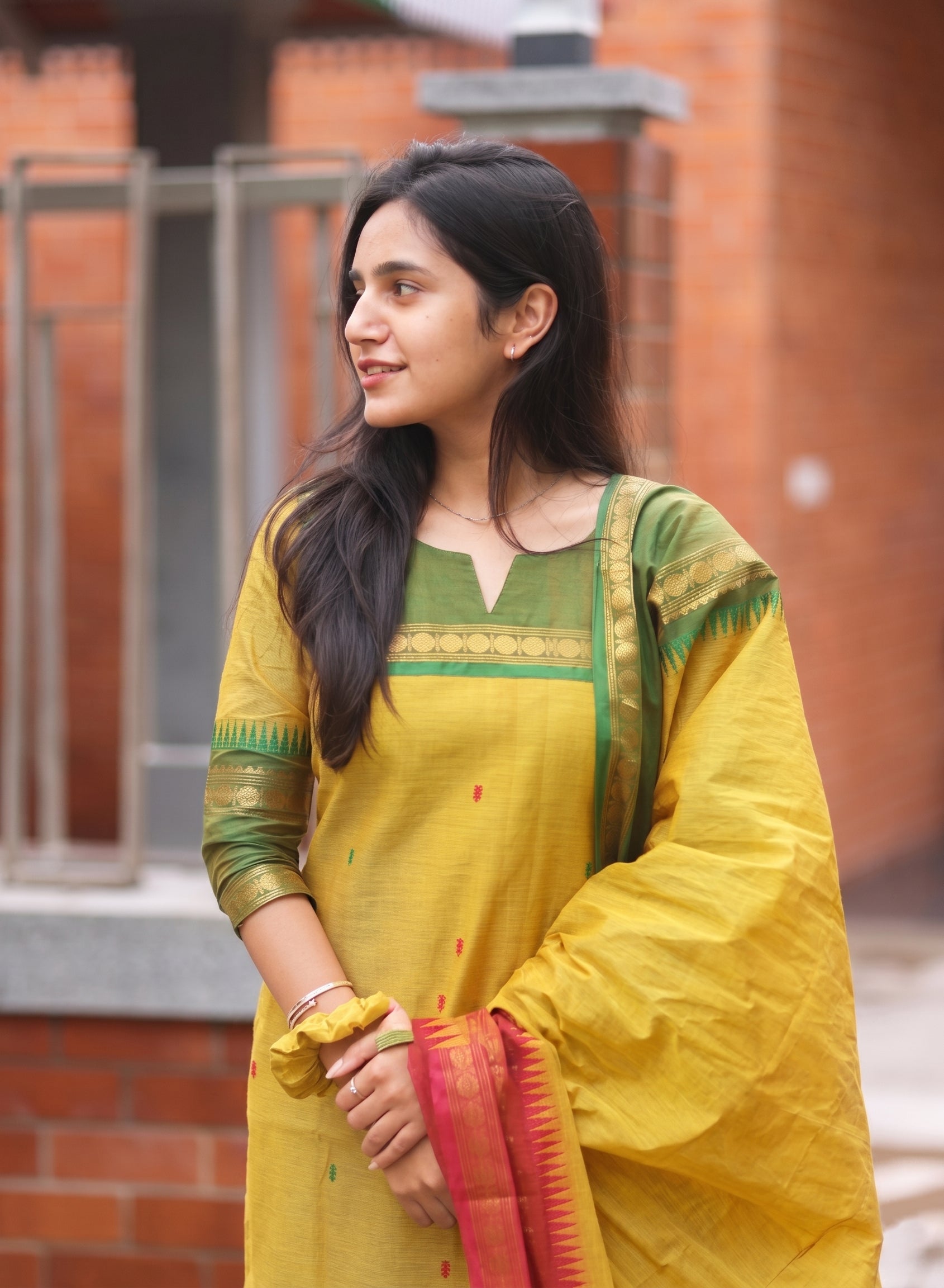Women's Cotton Silk Dress Material with Green Woven Border & Pink Dupatta | Traditional Ethnic Suit Set