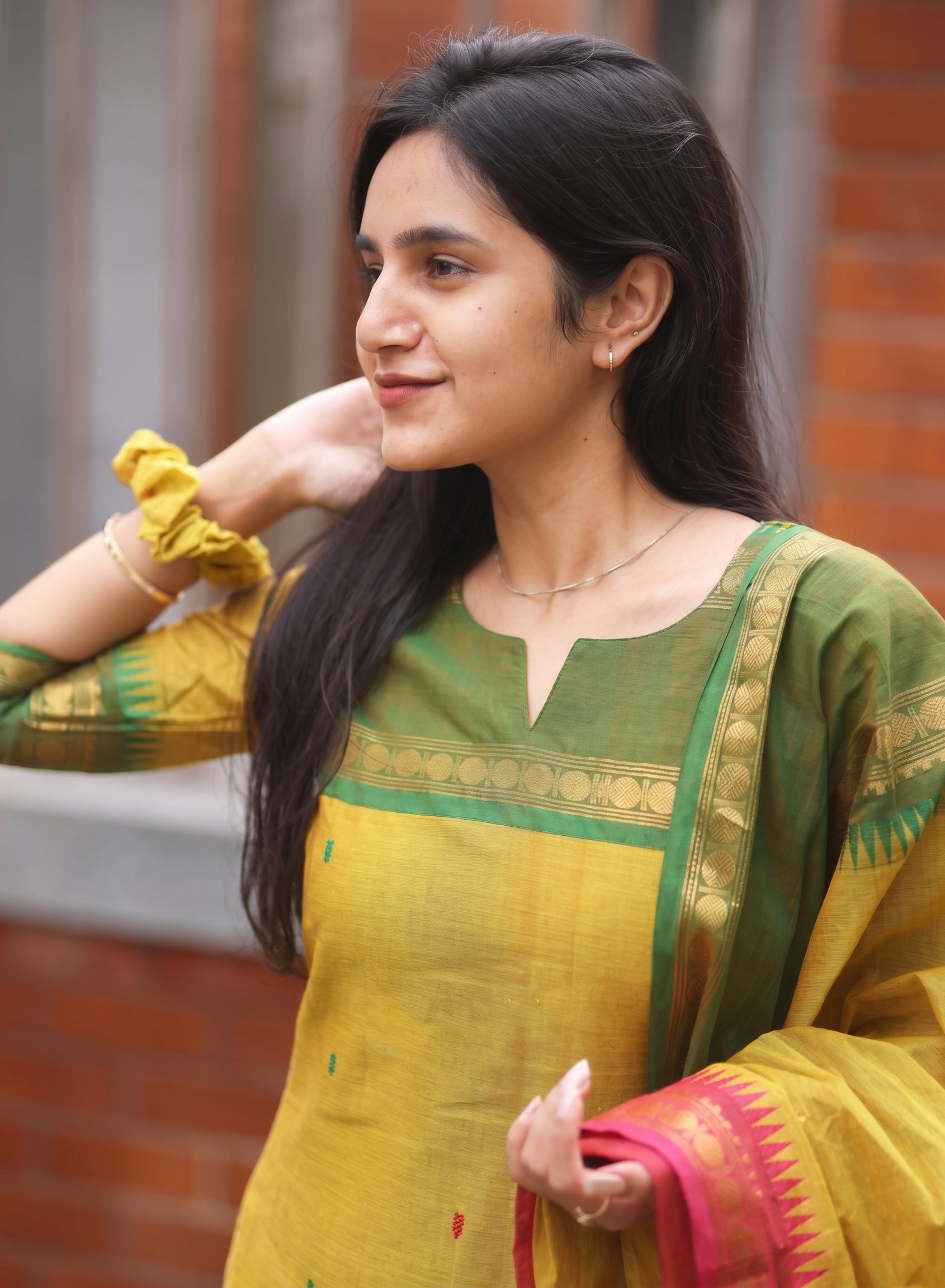 Women's Cotton Silk Dress Material with Green Woven Border & Pink Dupatta | Traditional Ethnic Suit Set