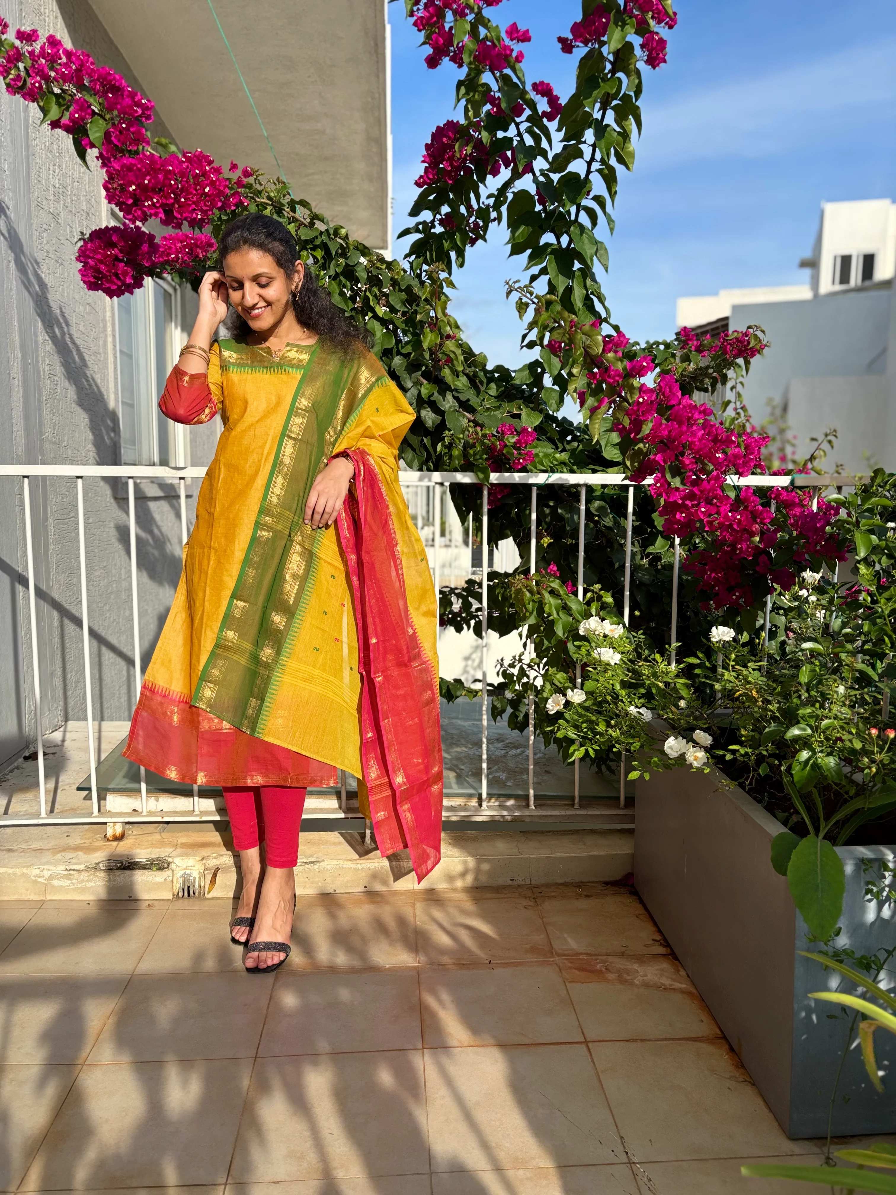 Women's Cotton Silk Dress Material with Green Woven Border & Pink Dupatta | Traditional Ethnic Suit Set
