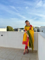 Women's Cotton Silk Dress Material with Green Woven Border & Pink Dupatta | Traditional Ethnic Suit Set