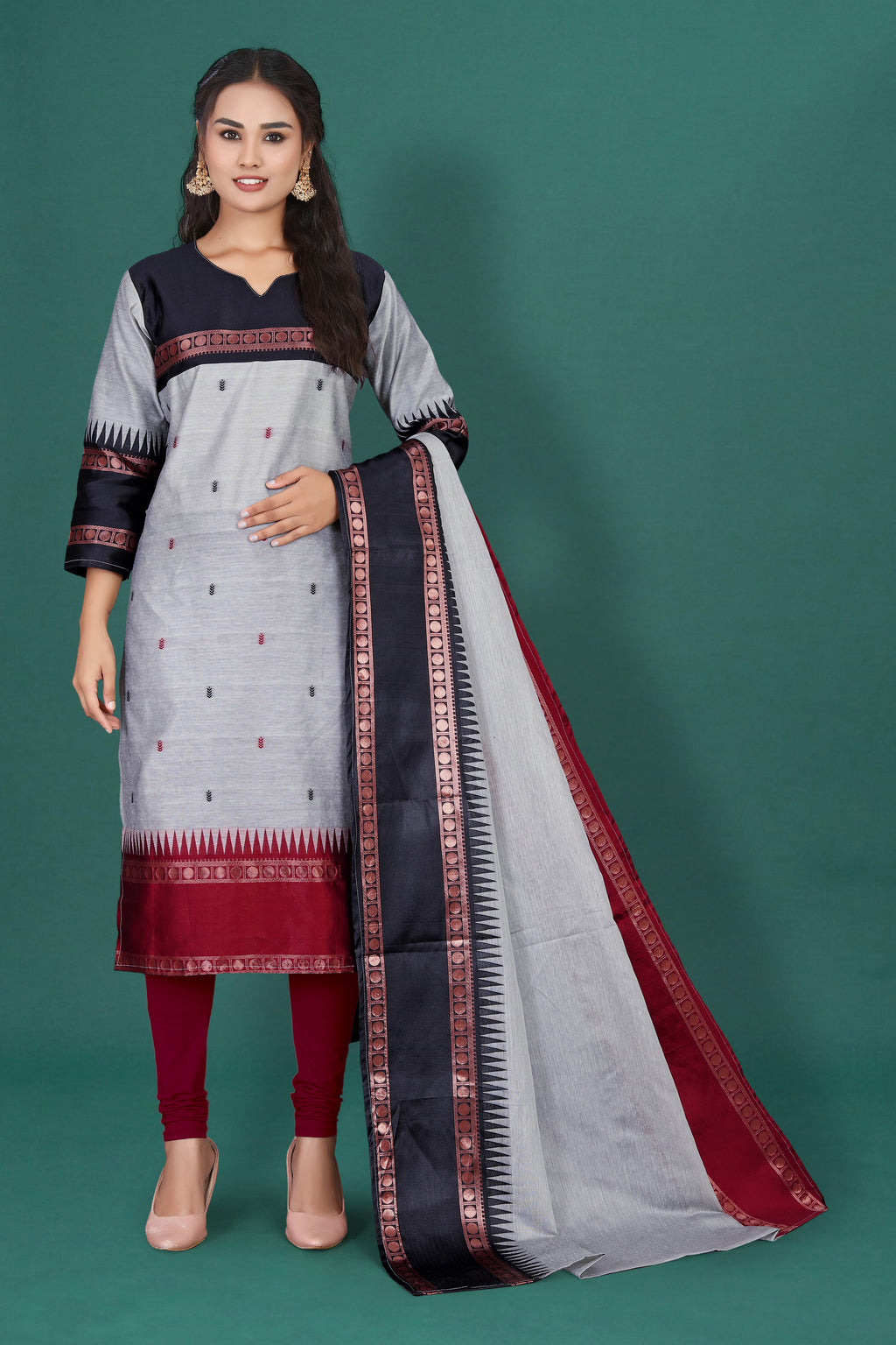 Women's Cotton Silk Dress Material with Green Woven Border & Pink Dupatta | Traditional Ethnic Suit Set