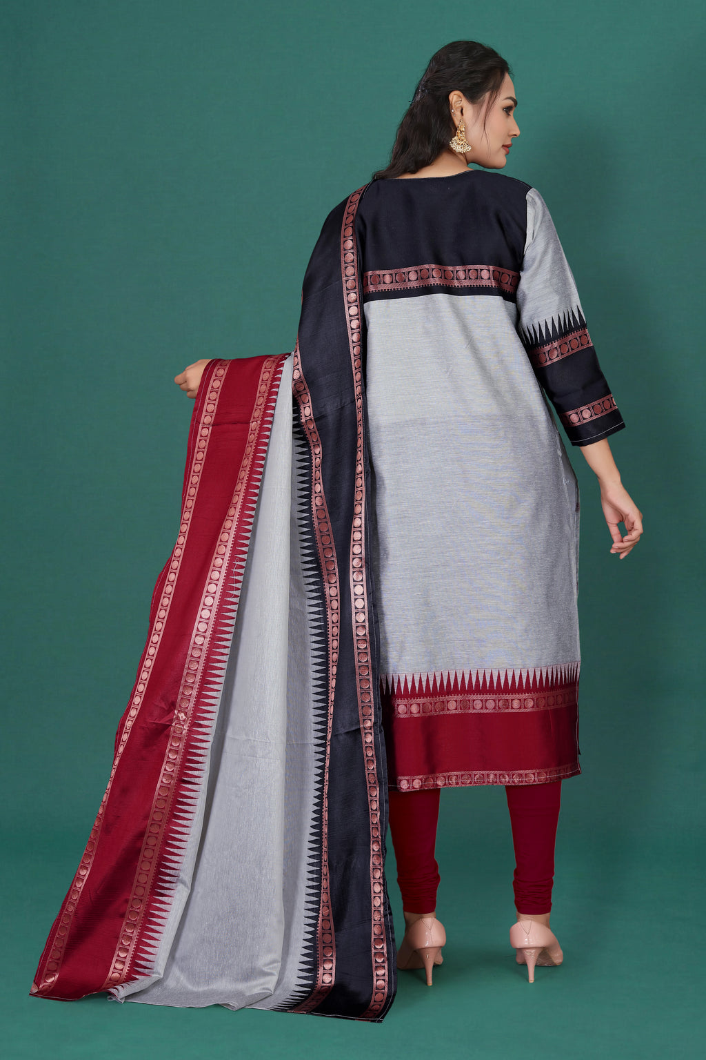 Women's Cotton Silk Dress Material with Green Woven Border & Pink Dupatta | Traditional Ethnic Suit Set