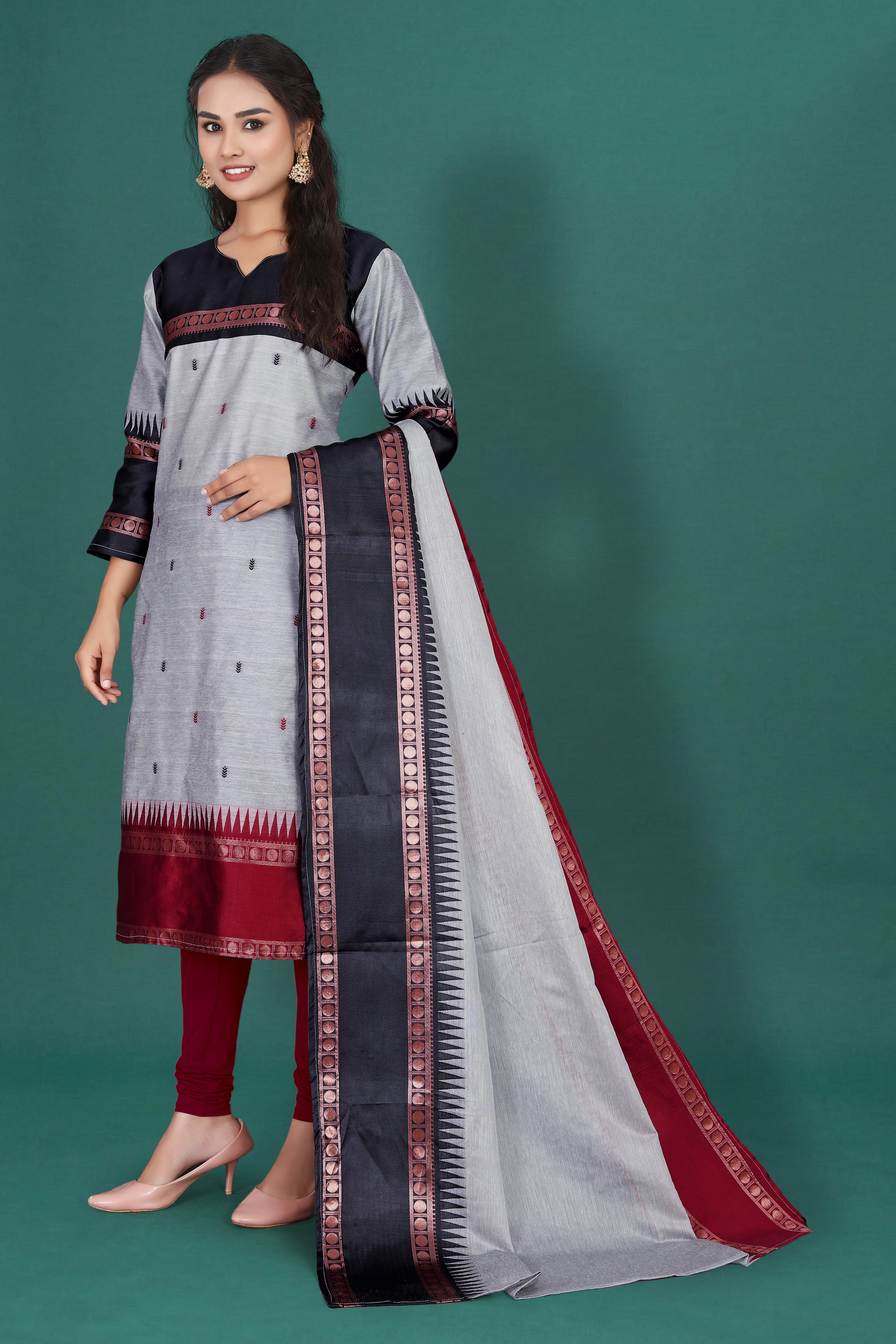Women's Cotton Silk Dress Material with Green Woven Border & Pink Dupatta | Traditional Ethnic Suit Set