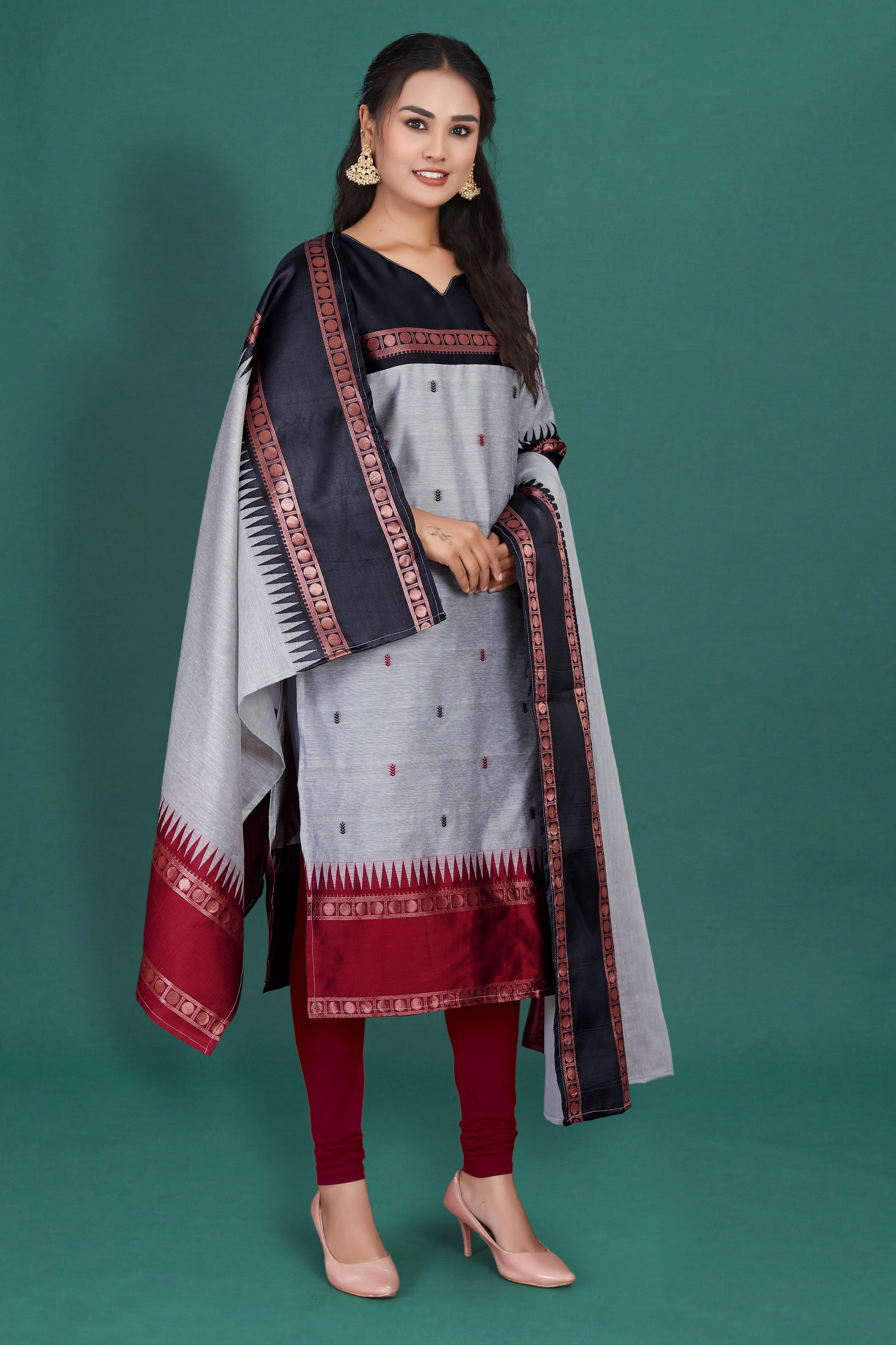 Women's Cotton Silk Dress Material with Green Woven Border & Pink Dupatta | Traditional Ethnic Suit Set