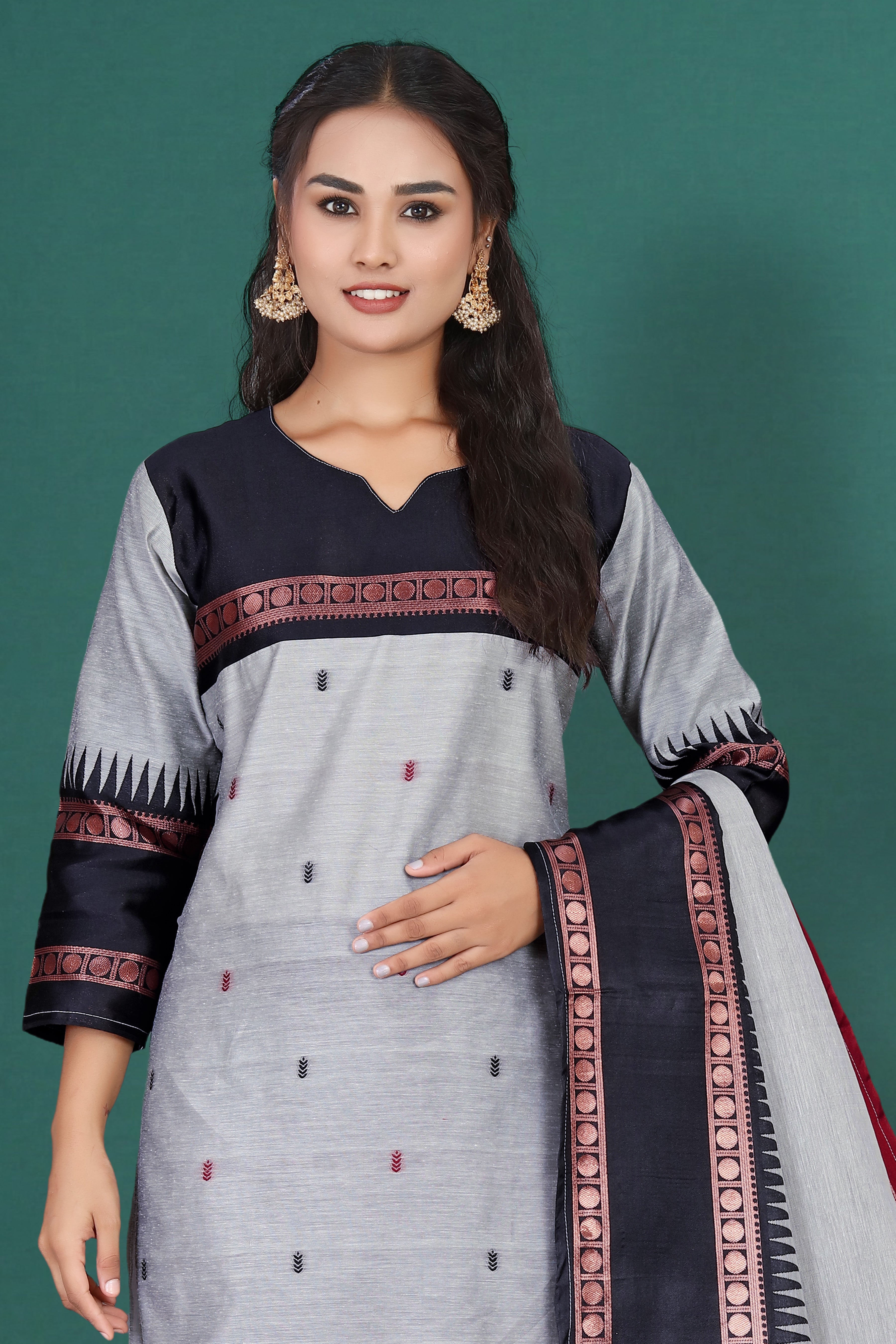 Women's Cotton Silk Dress Material with Green Woven Border & Pink Dupatta | Traditional Ethnic Suit Set