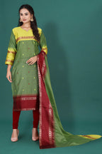 Women's Cotton Silk Dress Material with Green Woven Border & Pink Dupatta | Traditional Ethnic Suit Set