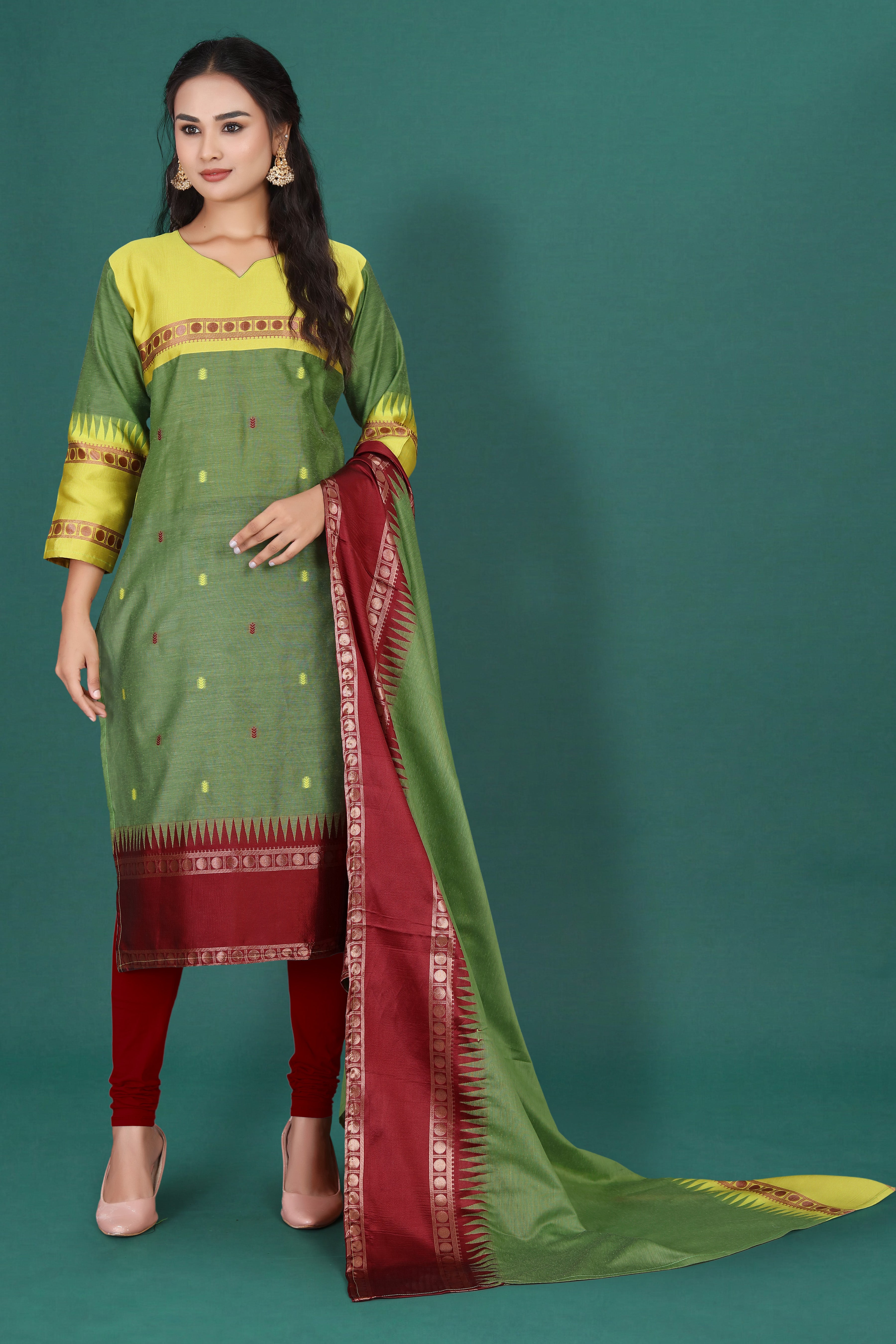 Women's Cotton Silk Dress Material with Green Woven Border & Pink Dupatta | Traditional Ethnic Suit Set