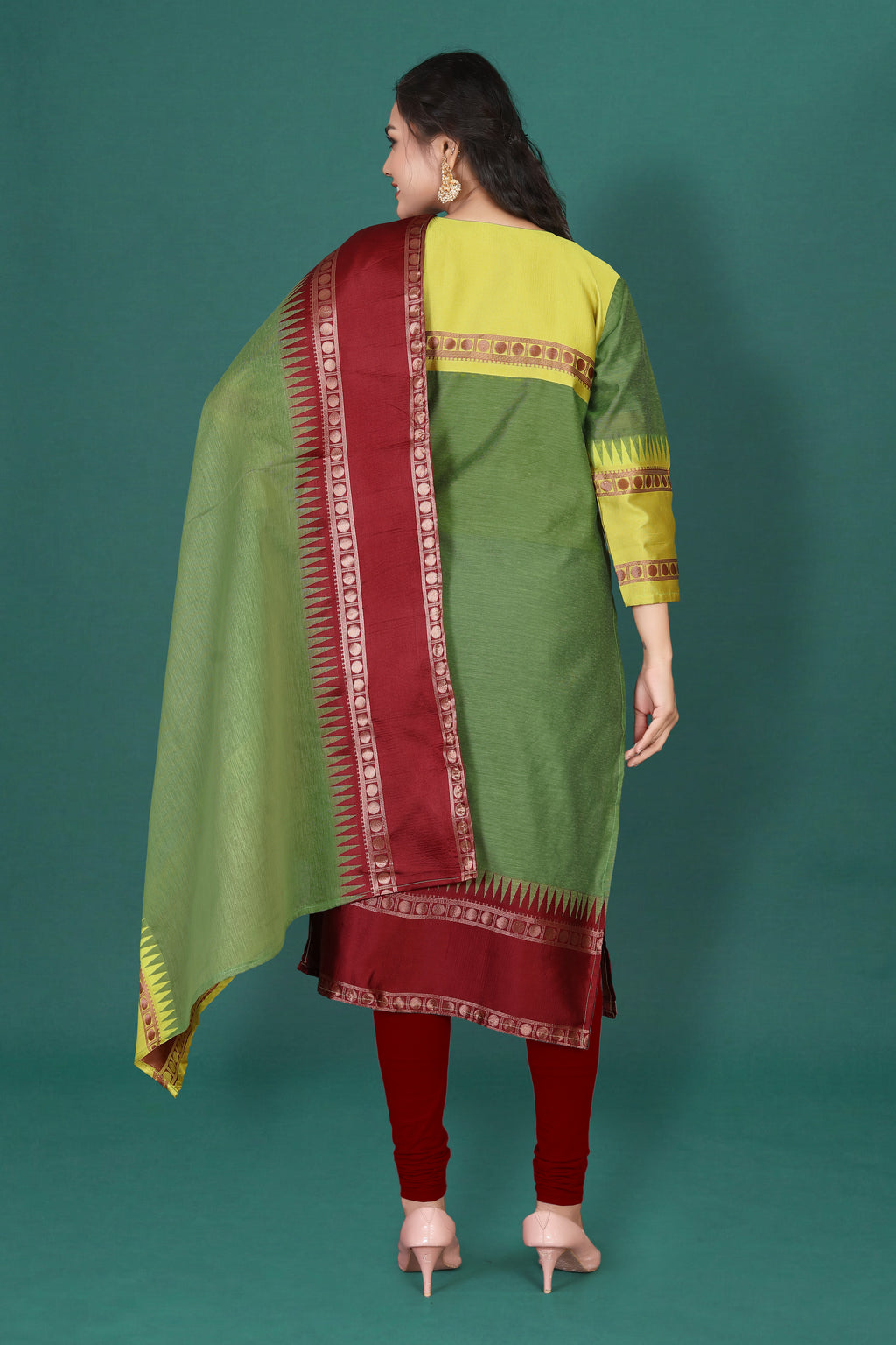 Women's Cotton Silk Dress Material with Green Woven Border & Pink Dupatta | Traditional Ethnic Suit Set