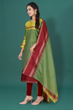 Women's Cotton Silk Dress Material with Green Woven Border & Pink Dupatta | Traditional Ethnic Suit Set