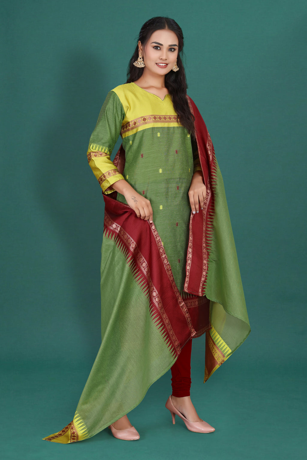 Women's Cotton Silk Dress Material with Green Woven Border & Pink Dupatta | Traditional Ethnic Suit Set