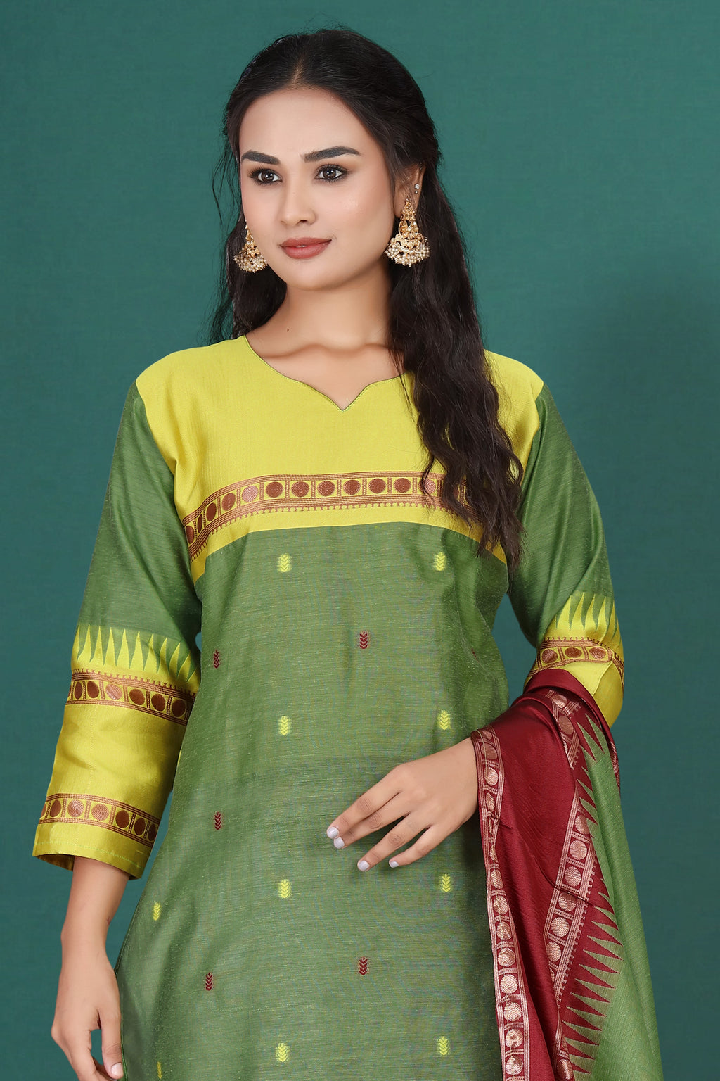 Women's Cotton Silk Dress Material with Green Woven Border & Pink Dupatta | Traditional Ethnic Suit Set