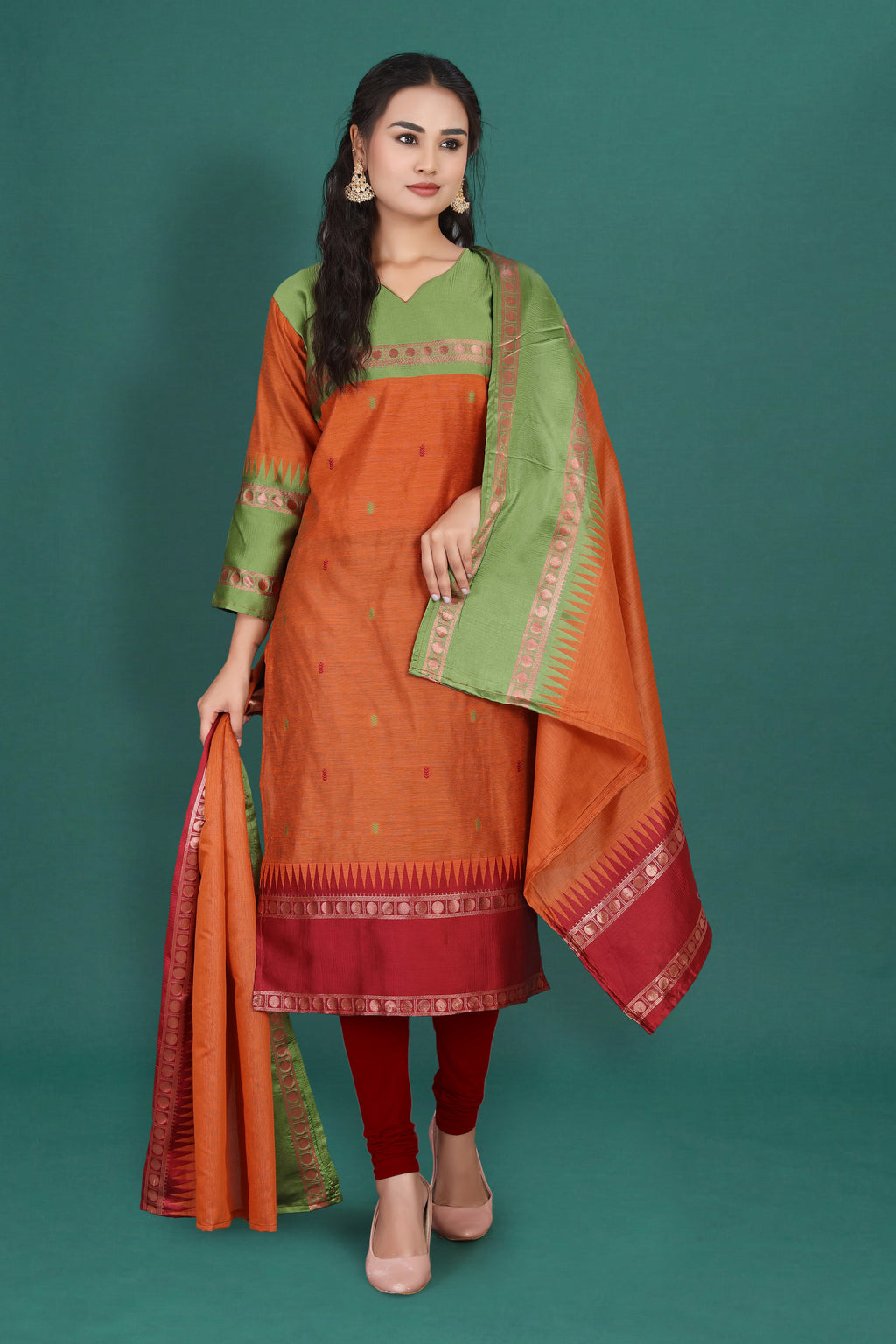 Women's Cotton Silk Dress Material with Green Woven Border & Pink Dupatta | Traditional Ethnic Suit Set