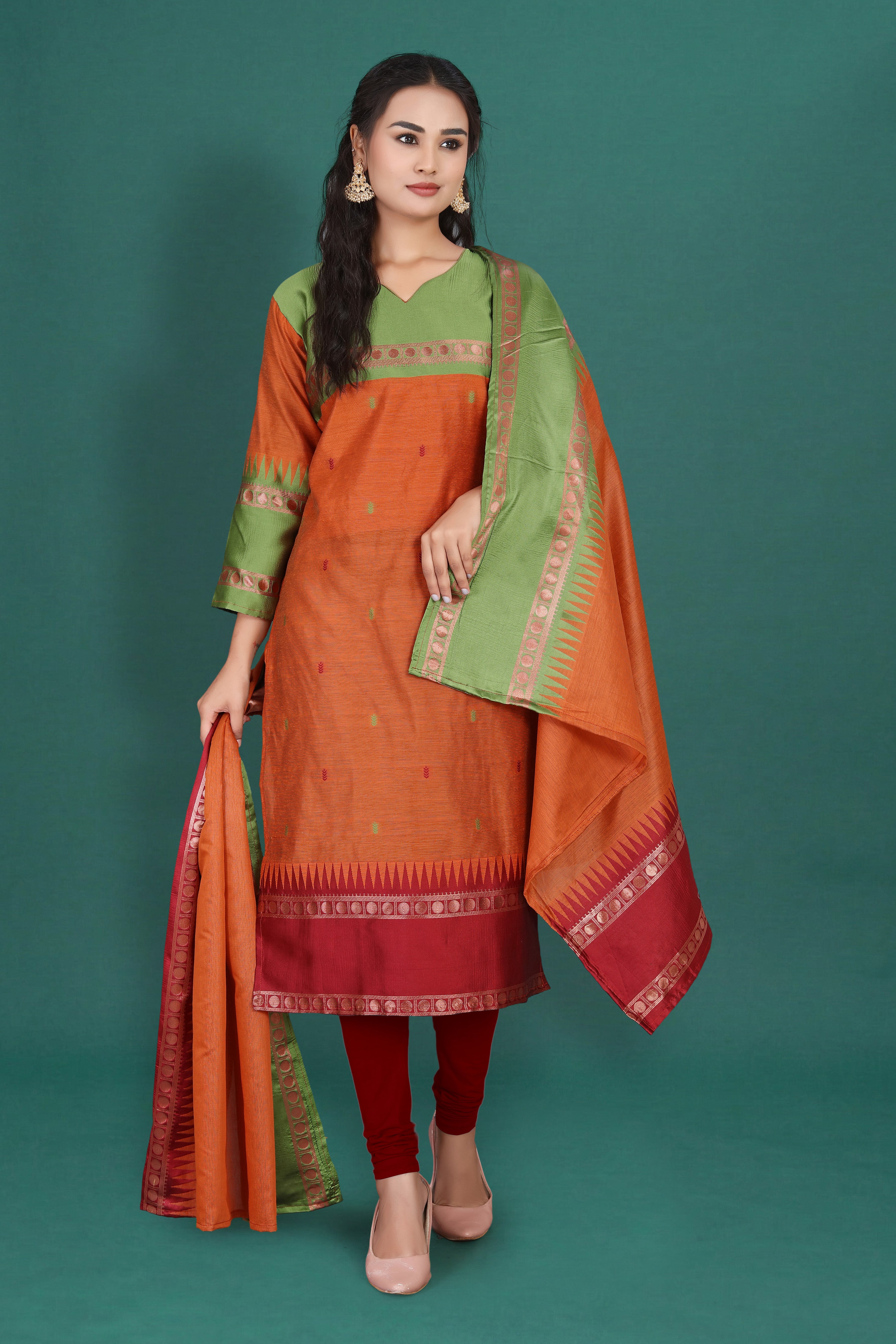 Women's Cotton Silk Dress Material with Green Woven Border & Pink Dupatta | Traditional Ethnic Suit Set